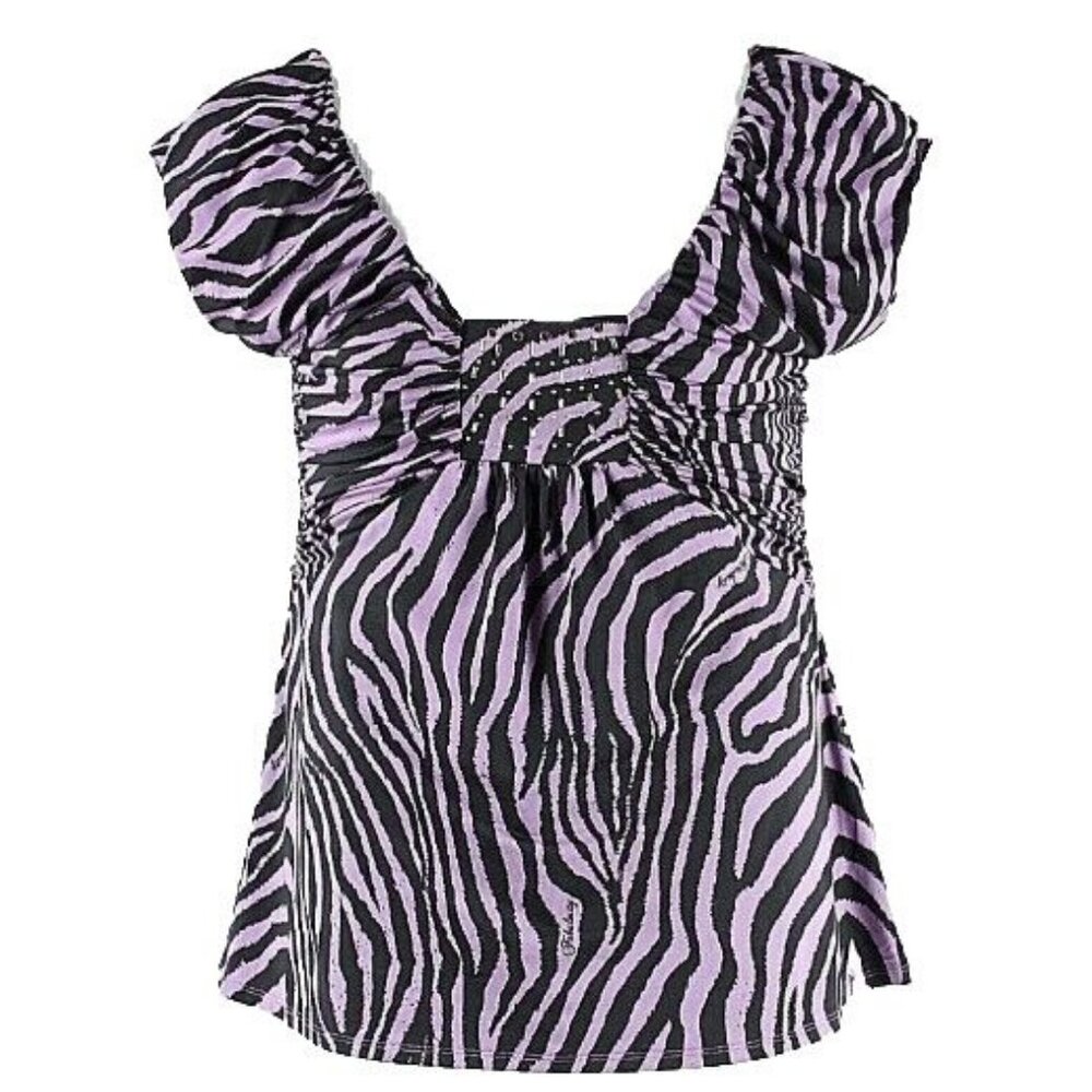 Fabulosity Sz XXL Purple Black Rhinestones Studs Polyester Spandex Top